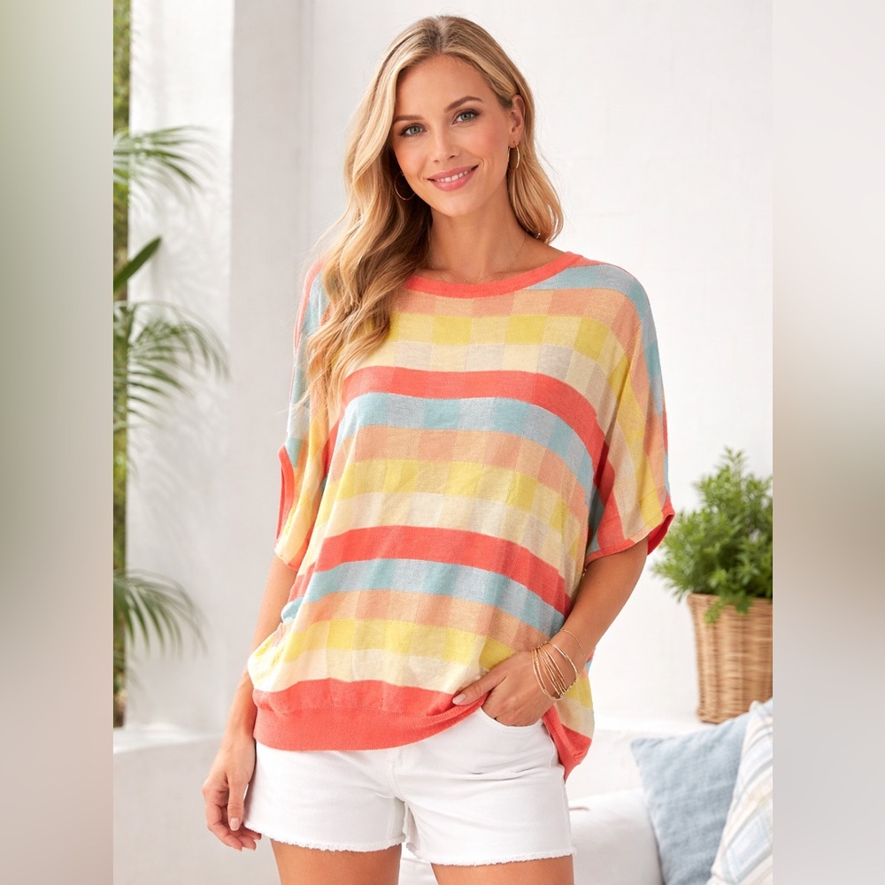 Tribal Colorful Checkerboard Knit Top OverSized Large NWT